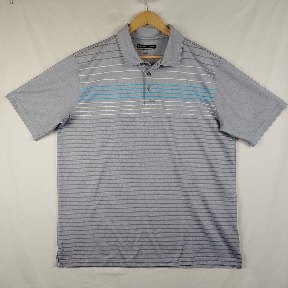 Pebble Beach Golf Dry Luxe Performance Gray Blue Stripe Golf Polo Shirt Mens XL